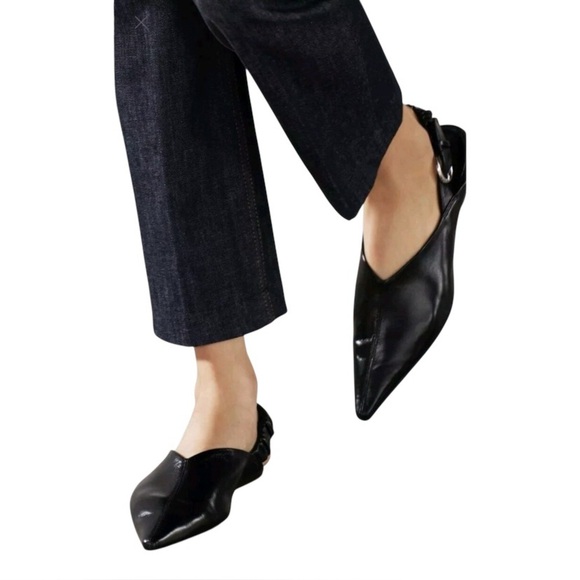 Zara Shoes - New Zara Pointed Toe Slingback Leather Flat Mules In Black - Size 7.5 UK 38